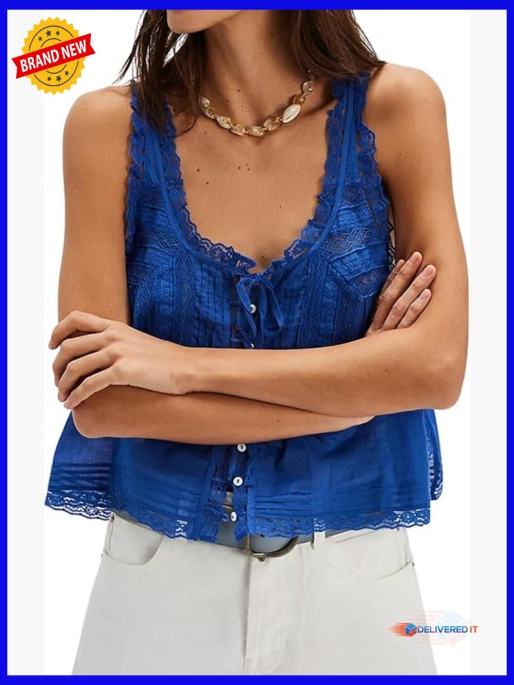 Sleeveless Ruffled Lace Trim Chiffon Crop Top Flowy Button Down Front Tie Tank
